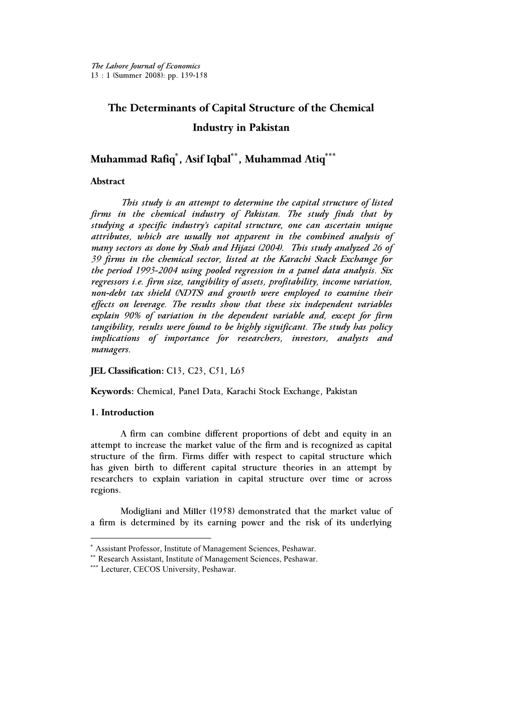 The Determinants of Capital Structure of the Chemical Industry in Pakistan