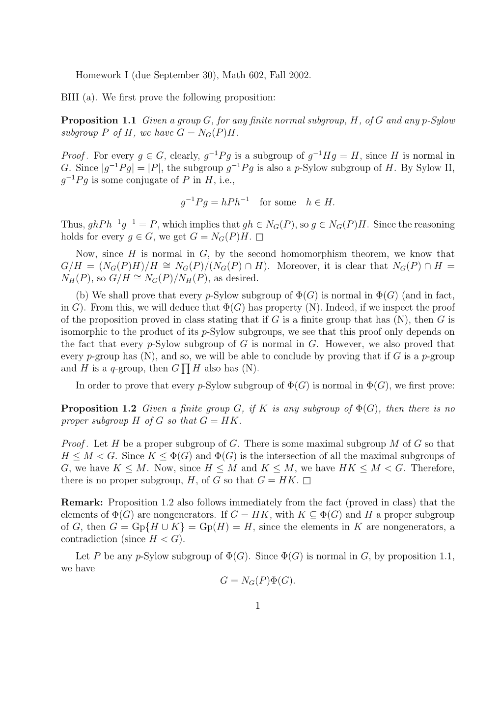 Math 602, Fall 2002. BIII (A). We First Prove the Following Proposition