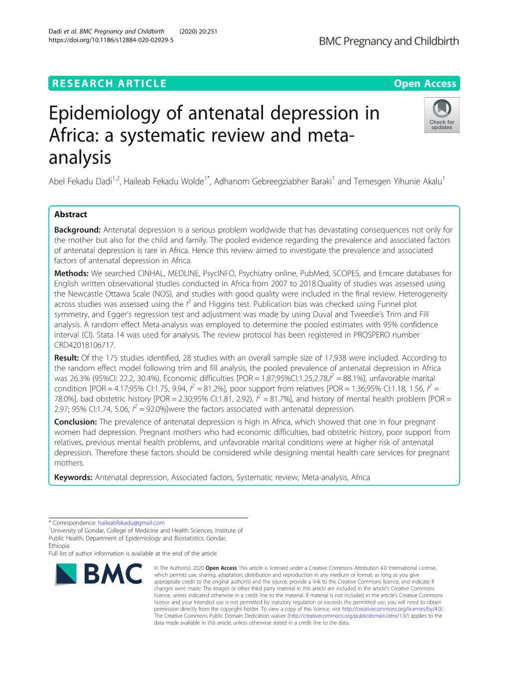 Epidemiology of Antenatal Depression in Africa