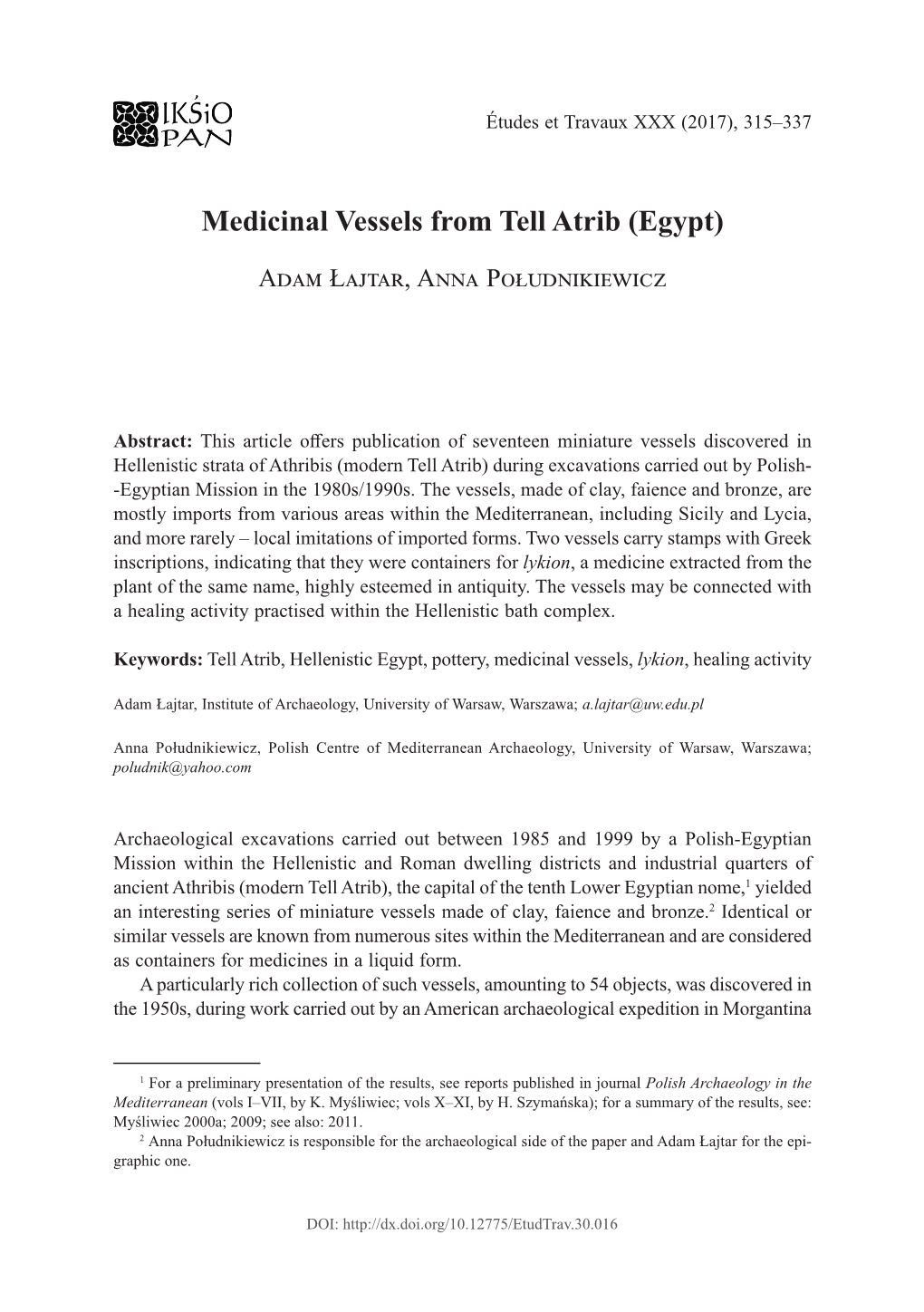 Medicinal Vessels from Tell Atrib (Egypt)