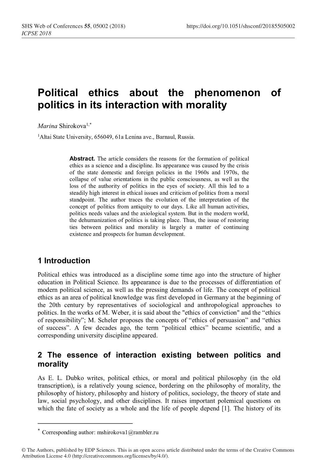 Political Ethics About the Phenomenon of Politics in Its Interaction with Morality