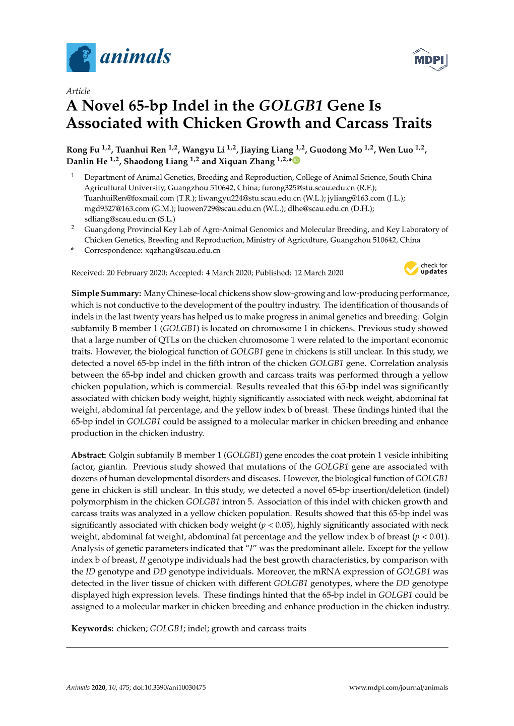 A Novel 65-Bp Indel in the GOLGB1 Gene Is Associated with Chicken Growth and Carcass Traits