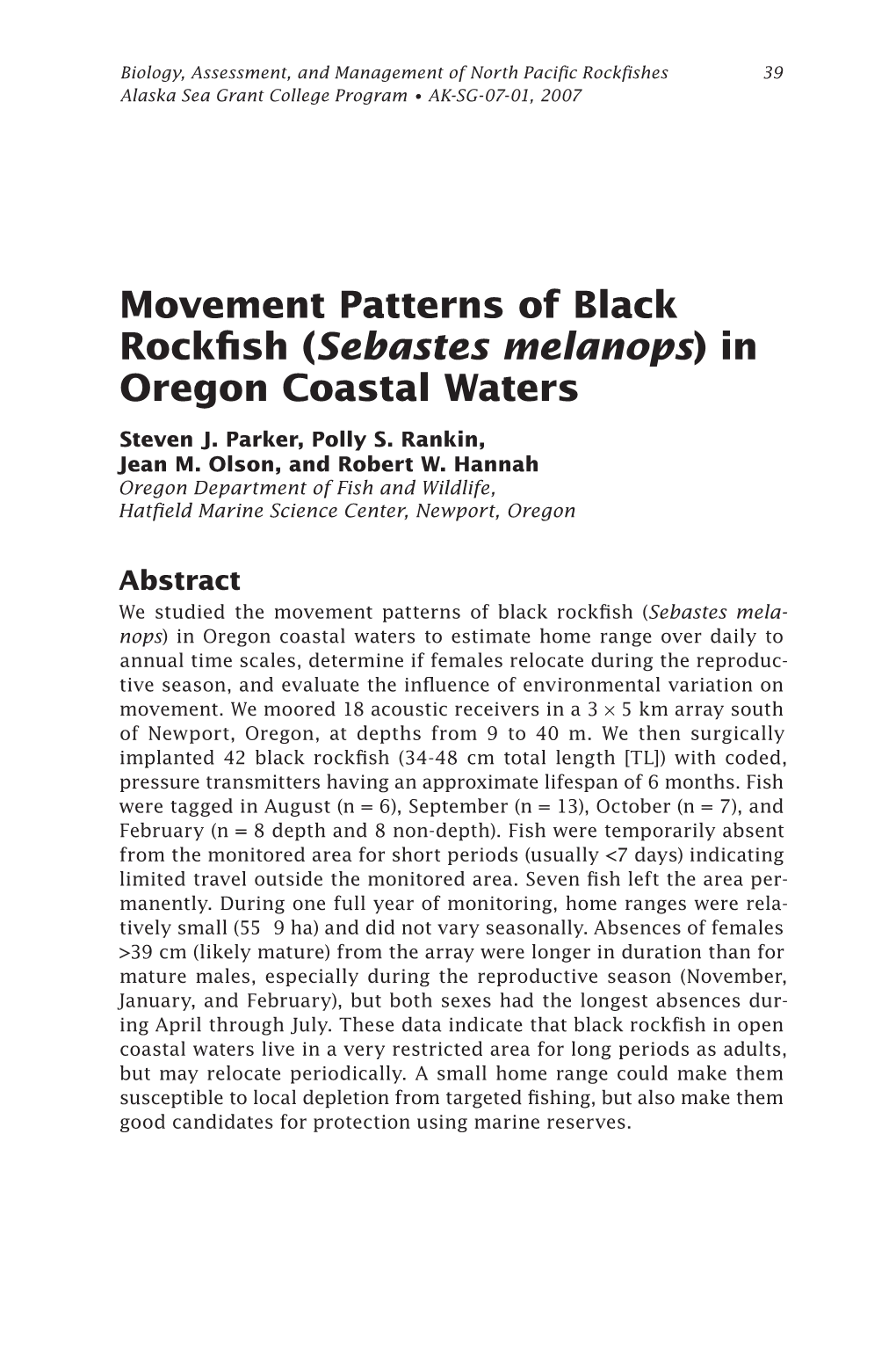 Movement Patterns of Black Rockfish (Sebastes Melanops)