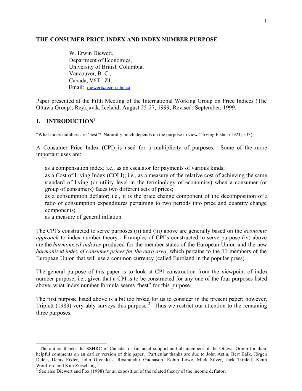 The Consumer Price Index and Index Number Purpose W