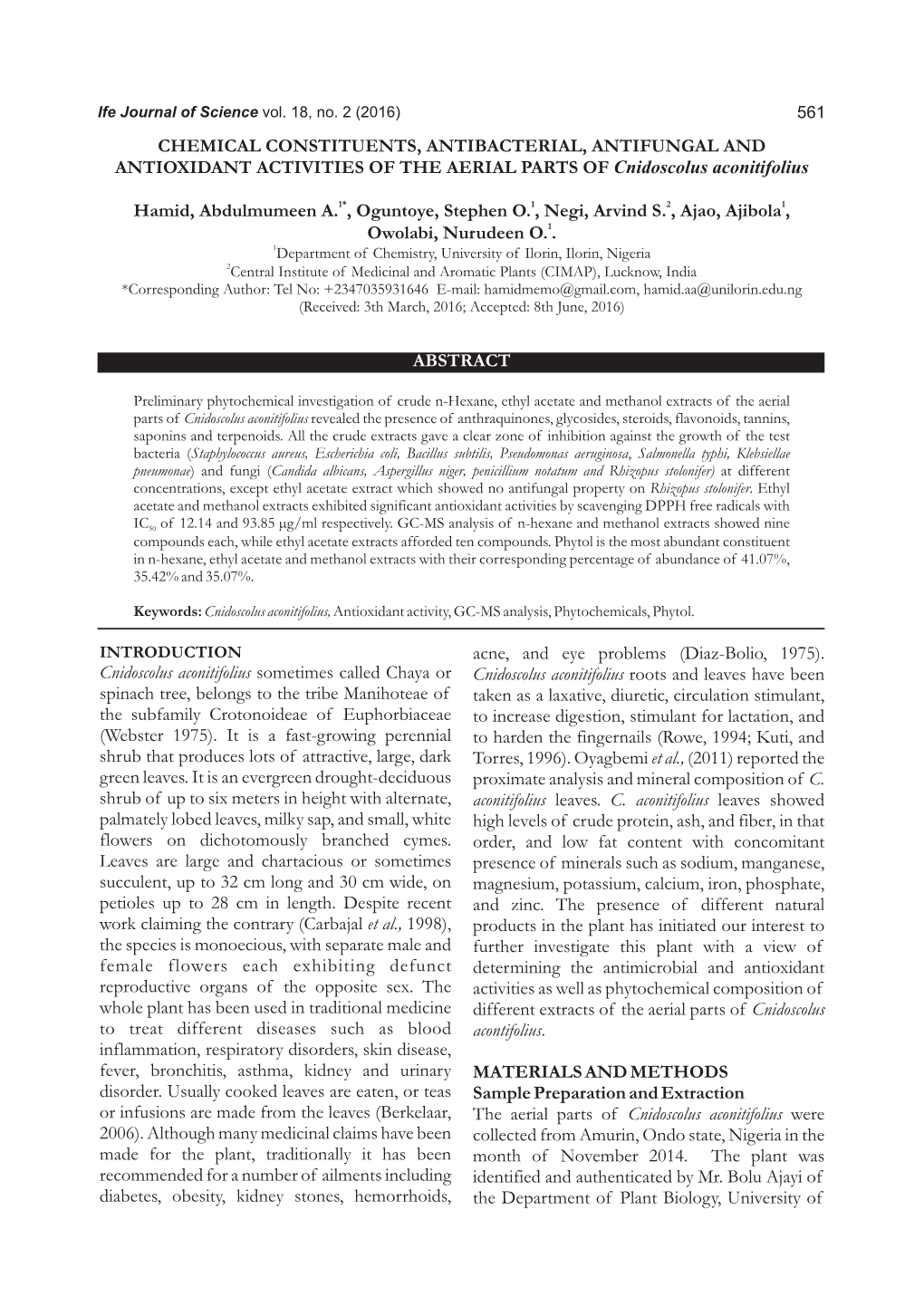 Hamid Et Al.: Chemical Constituents, Antibacterial, Antifungal and Antioxidant Activities