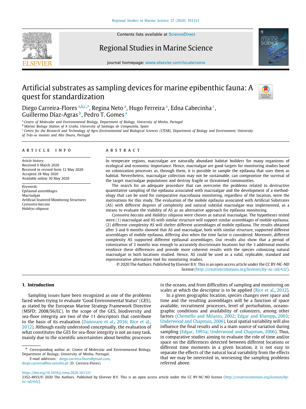 Regional Studies in Marine Science Artificial Substrates As Sampling