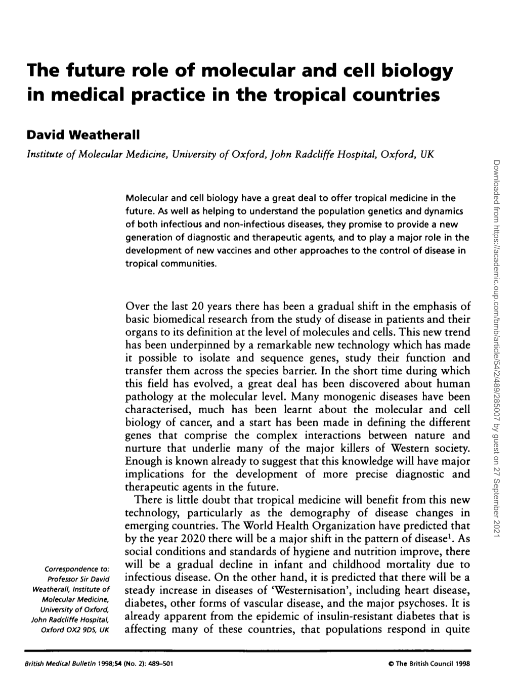 The Future Role of Molecular and Cell Biology in Medical Practice in the Tropical Countries