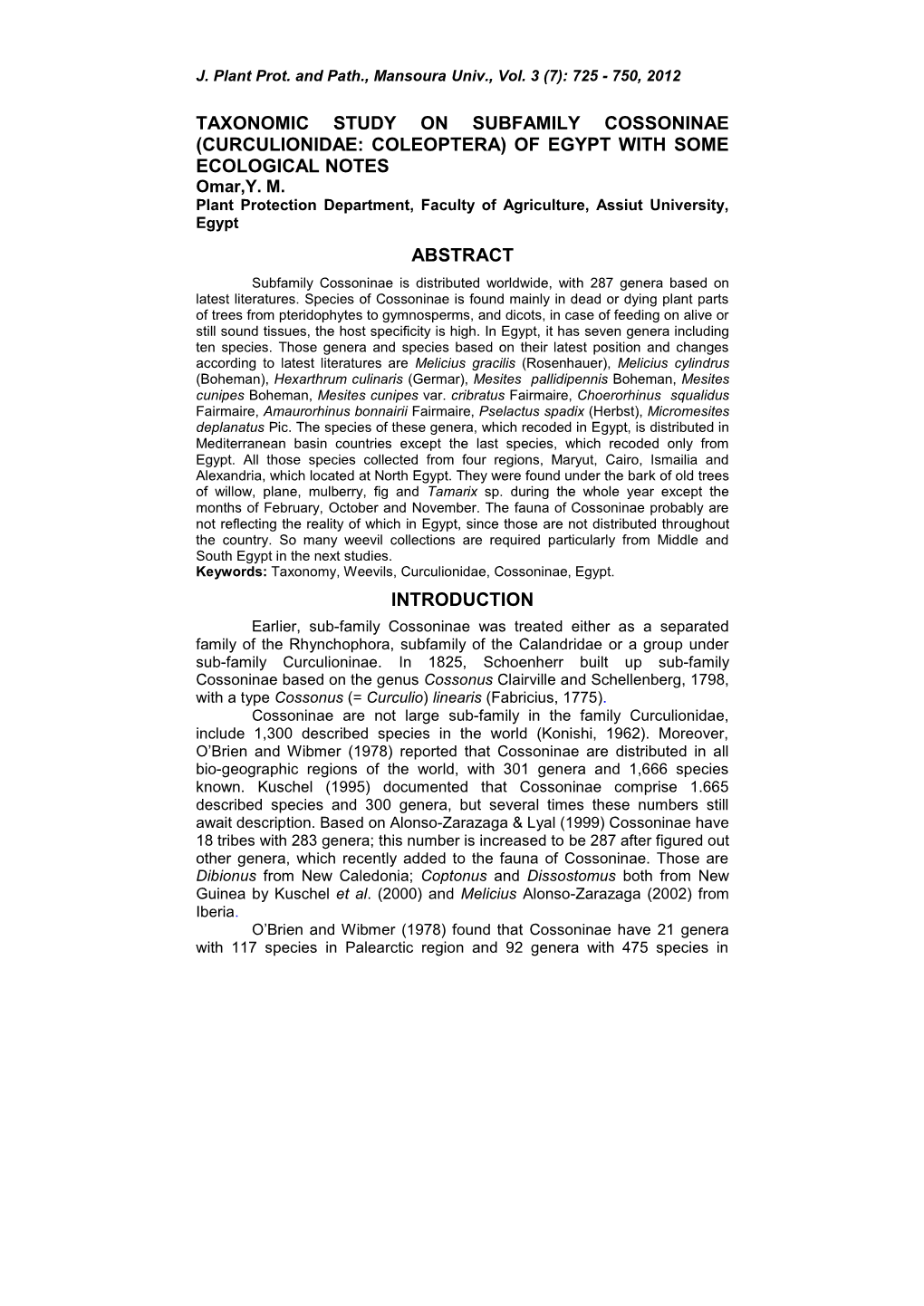 TAXONOMIC STUDY on SUBFAMILY COSSONINAE (CURCULIONIDAE: COLEOPTERA) of EGYPT with SOME ECOLOGICAL NOTES Omar,Y