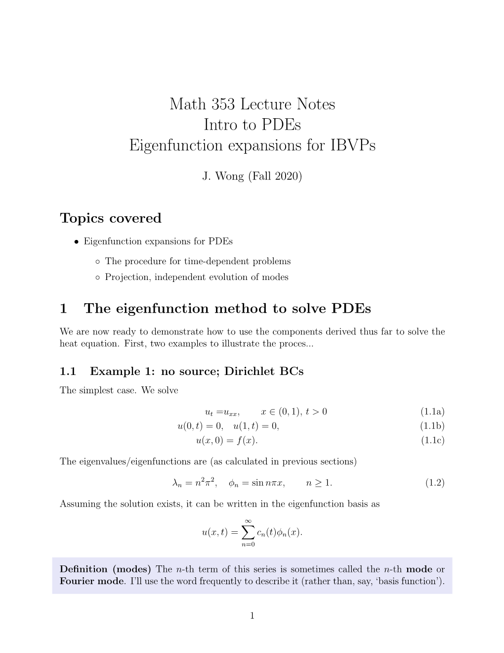 Math 353 Lecture Notes Intro to Pdes Eigenfunction Expansions for Ibvps