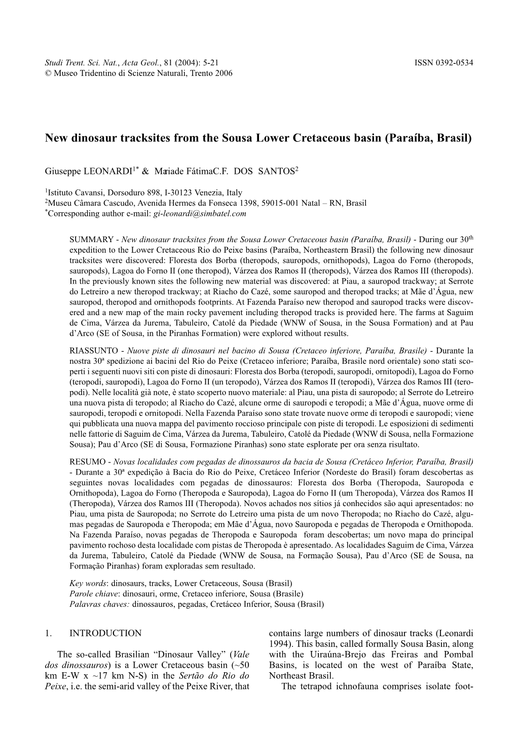 New Dinosaur Tracksites from the Sousa Lower Cretaceous Basin (Paraíba, Brasil)