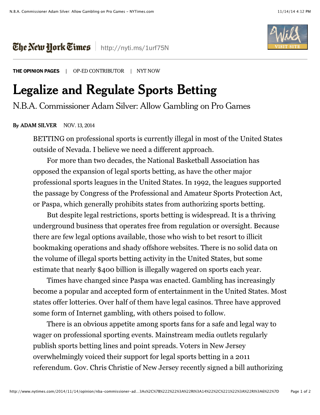 N.B.A. Commissioner Adam Silver: Allow Gambling on Pro Games - Nytimes.Com 11/14/14 4:12 PM