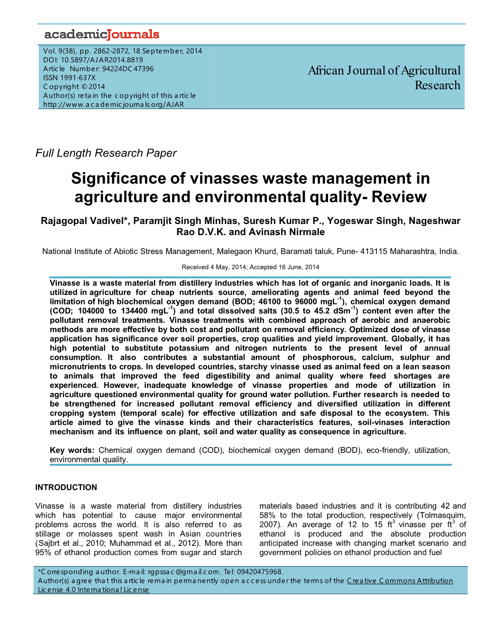 Significance of Vinasses Waste Management in Agriculture and Environmental Quality- Review