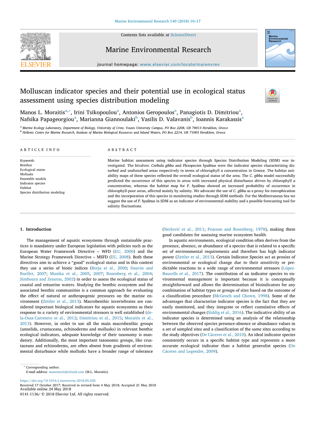 Molluscan Indicator Species and Their Potential Use in Ecological Status Assessment Using Species Distribution Modeling T