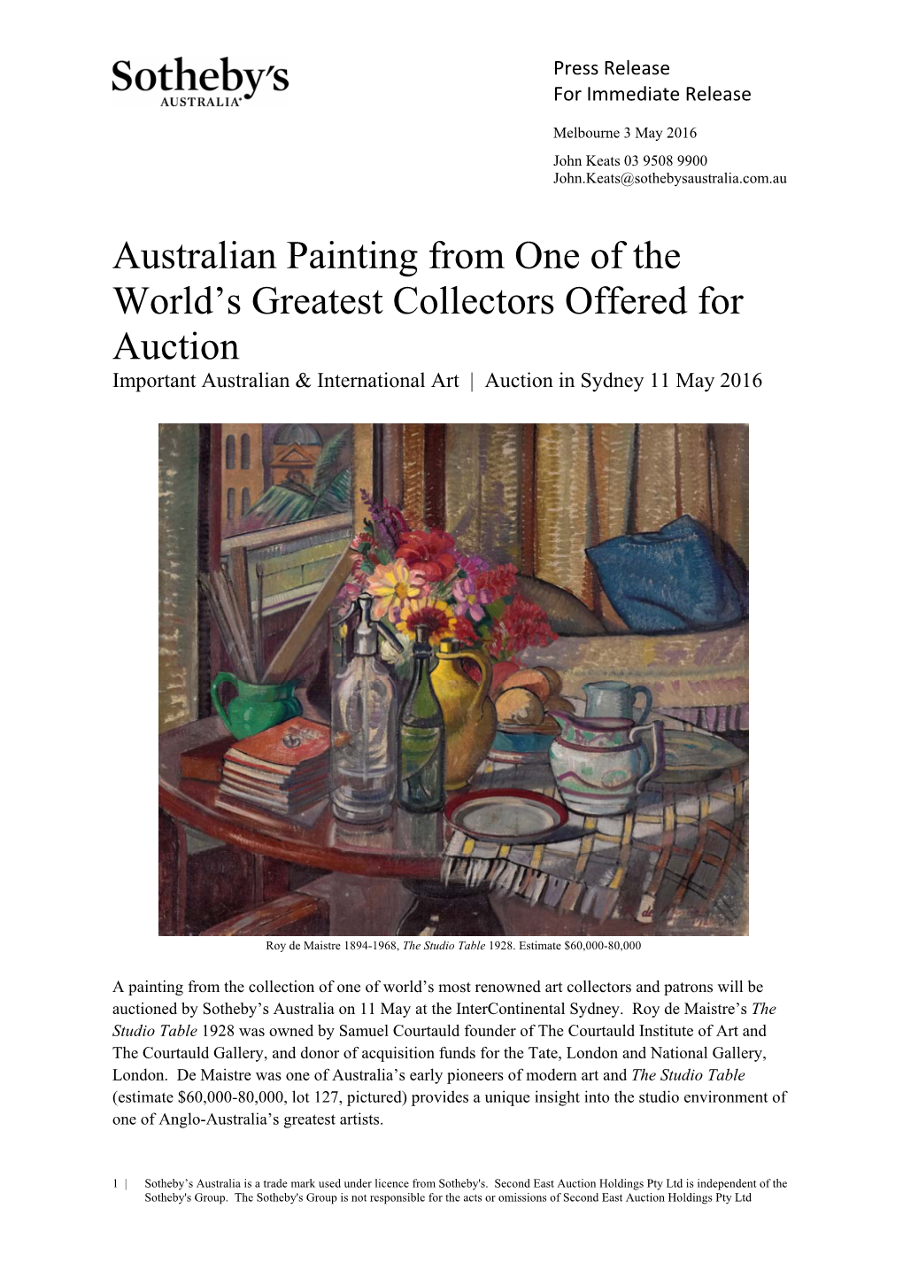 Australian Painting from One of the World's Greatest Collectors Offered