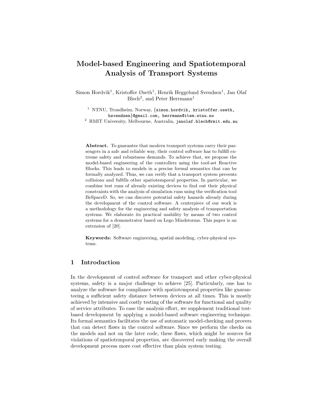 Model-Based Engineering and Spatiotemporal Analysis of Transport Systems