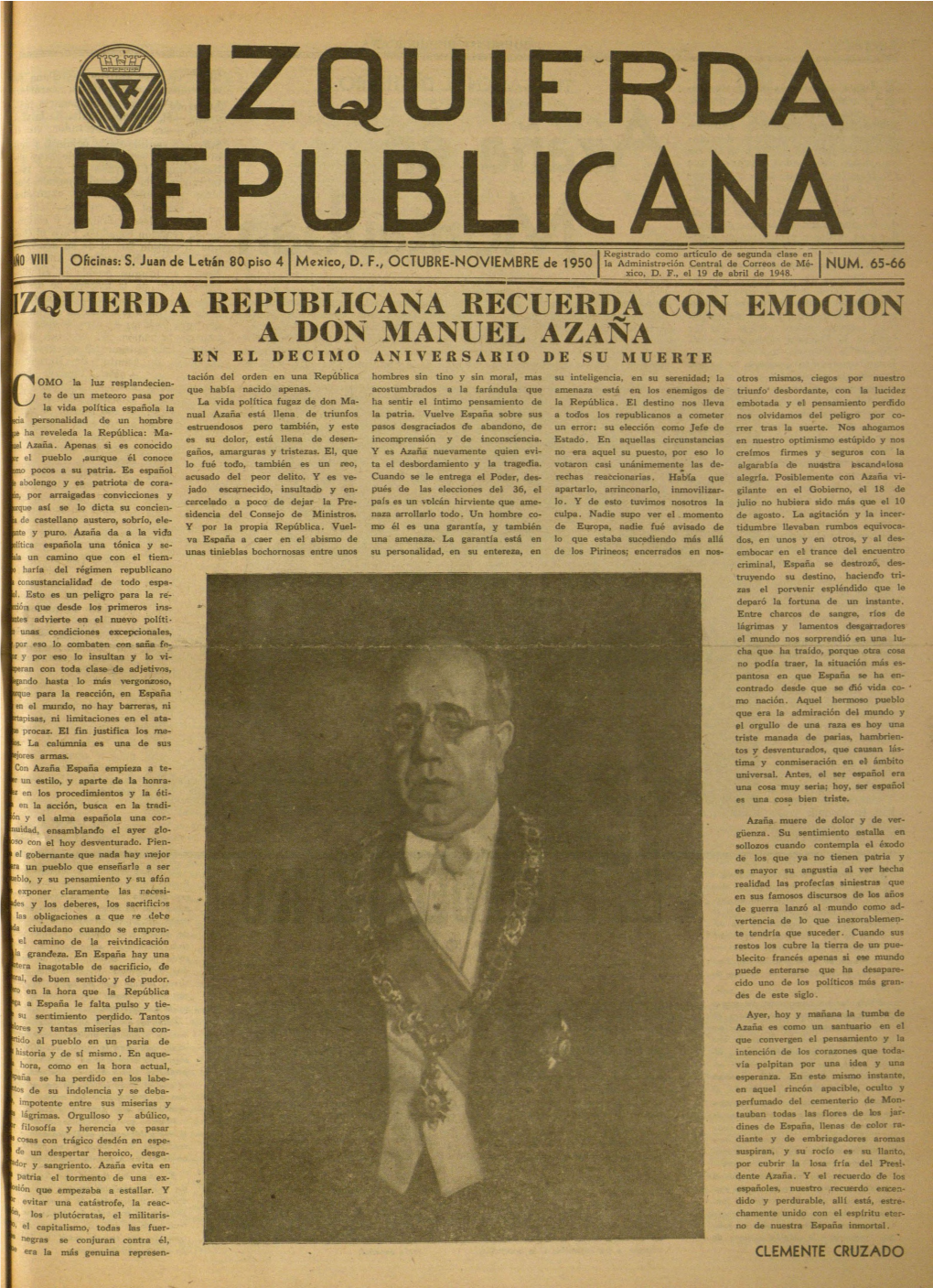 Izquierda Republicana. Año VIII, Núm. 65-66, Octubre-Noviembre De 1950