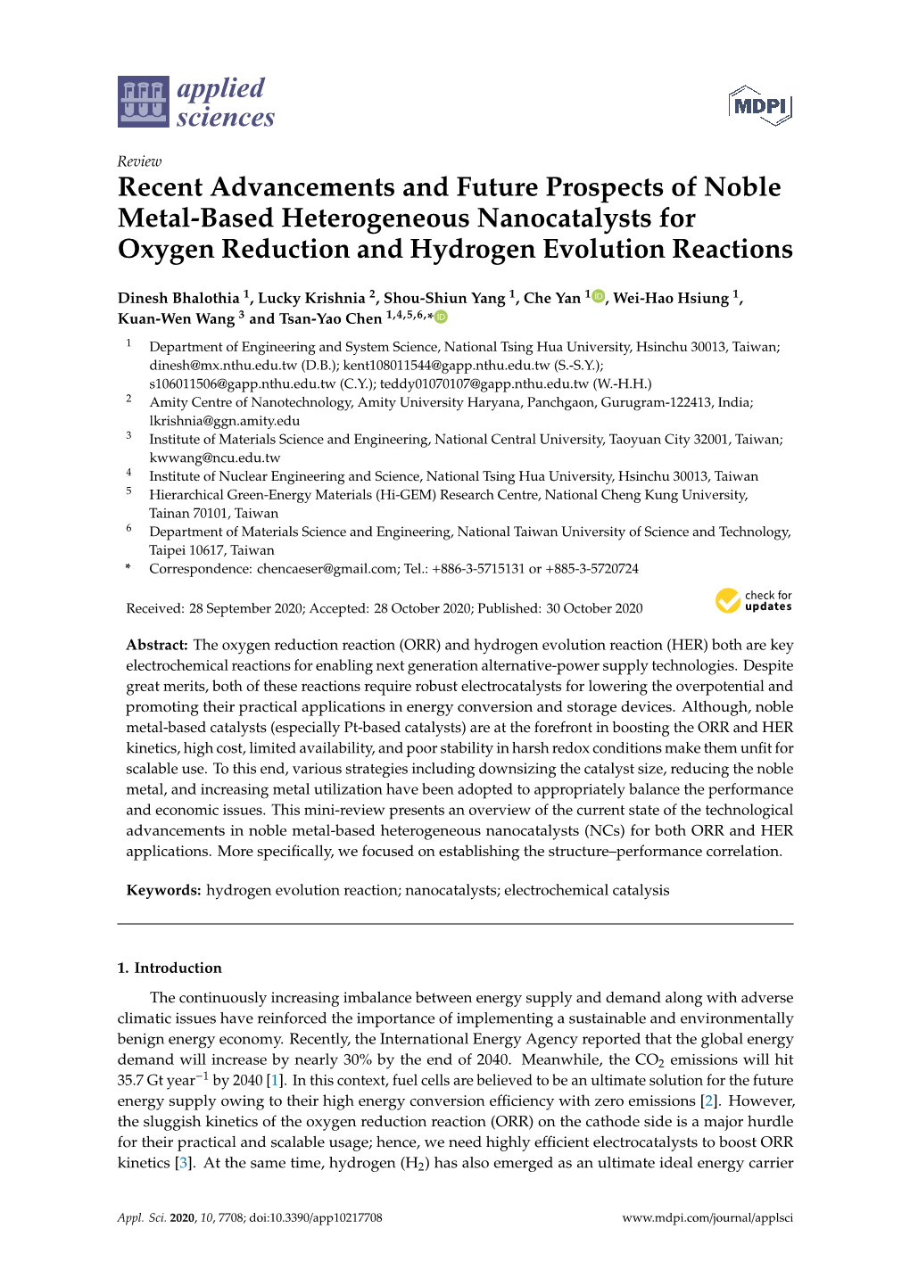 Recent Advancements and Future Prospects of Noble Metal-Based Heterogeneous Nanocatalysts for Oxygen Reduction and Hydrogen Evolution Reactions