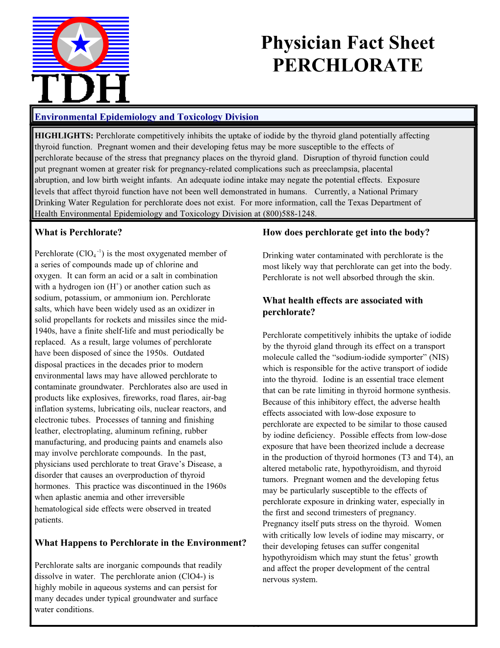 Physician Perchlorate Fact Sheet