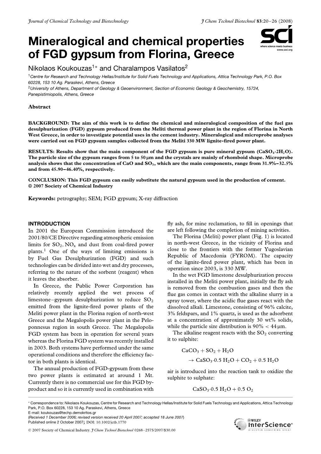 Mineralogical and Chemical Properties of FGD Gypsum from Florina, Greece