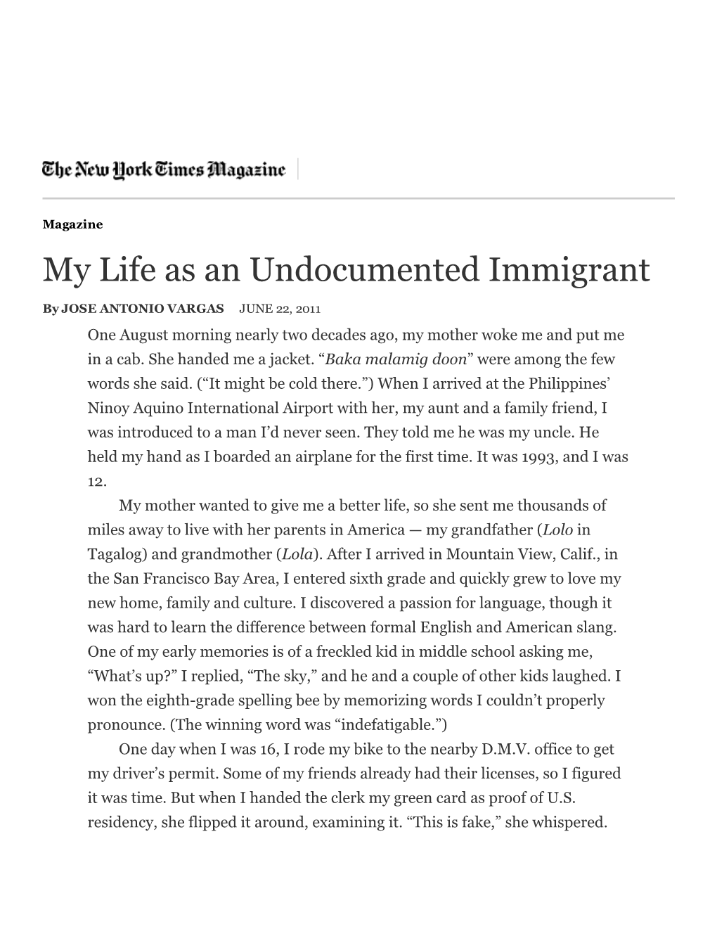 My Life As an Undocumented Immigrant ­ Nytimes.Com