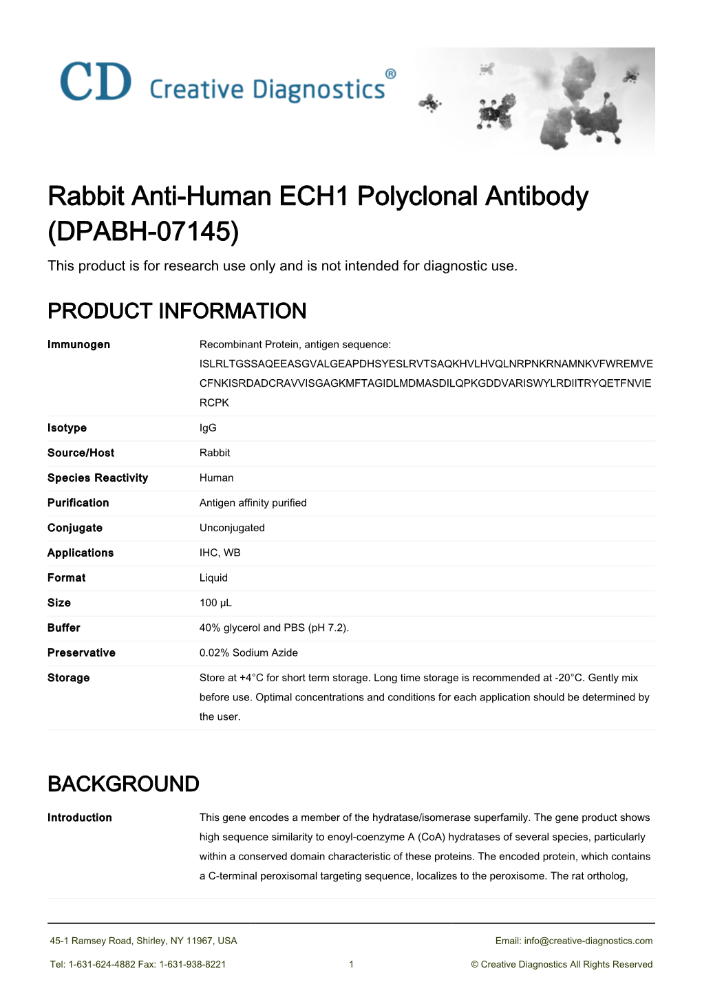 Rabbit Anti-Human ECH1 Polyclonal Antibody (DPABH-07145) This Product Is for Research Use Only and Is Not Intended for Diagnostic Use