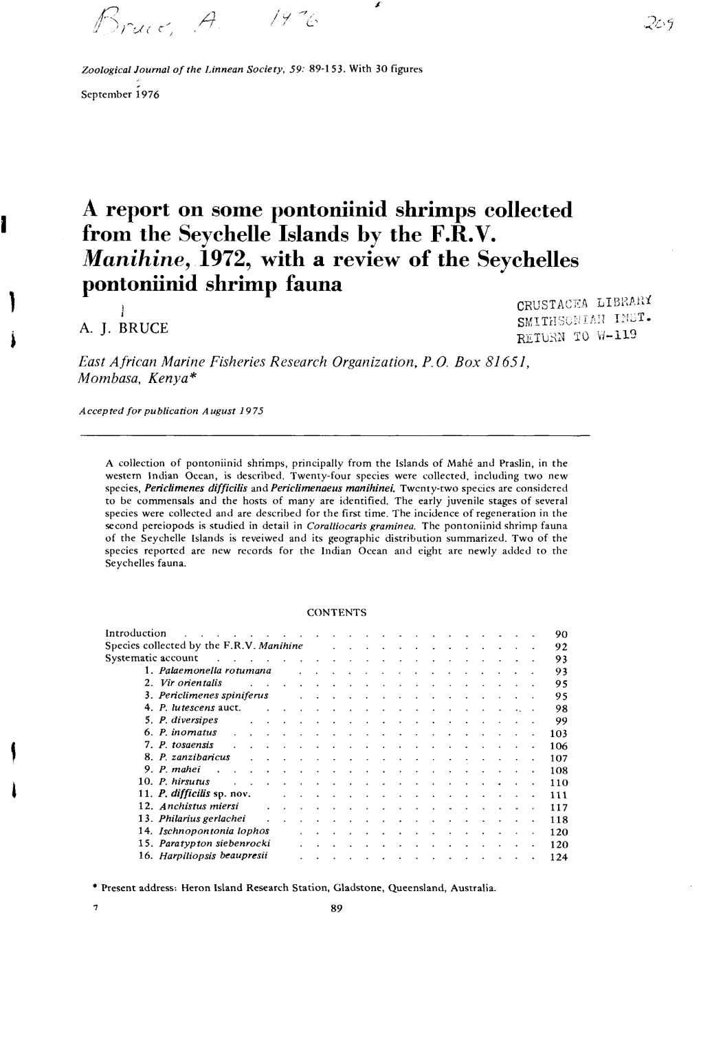 A Report on Some Pontoniinid Shrimps Collected from the Seychelle Islands by the F.R.V. Manihine, 1972, with a Review of The