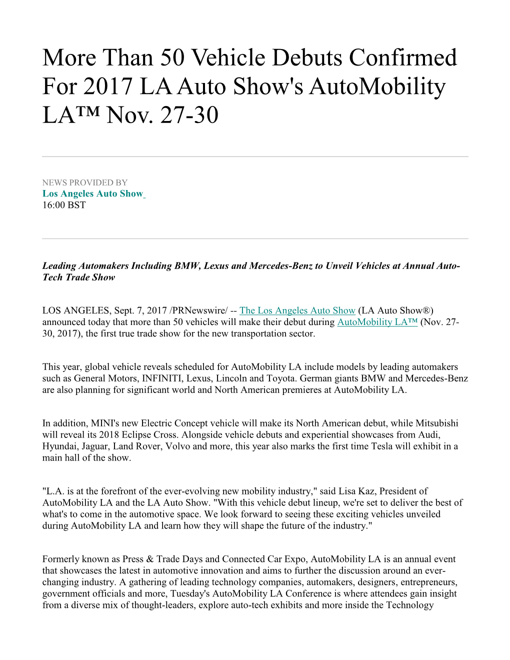 Than 50 Vehicle Debuts Confirmed for 2017 LA Auto Show's Automobility LA™ Nov