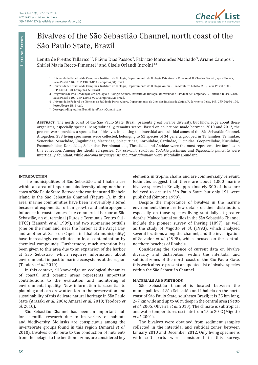 Chec List Bivalves of the São Sebastião Channel, North Coast Of