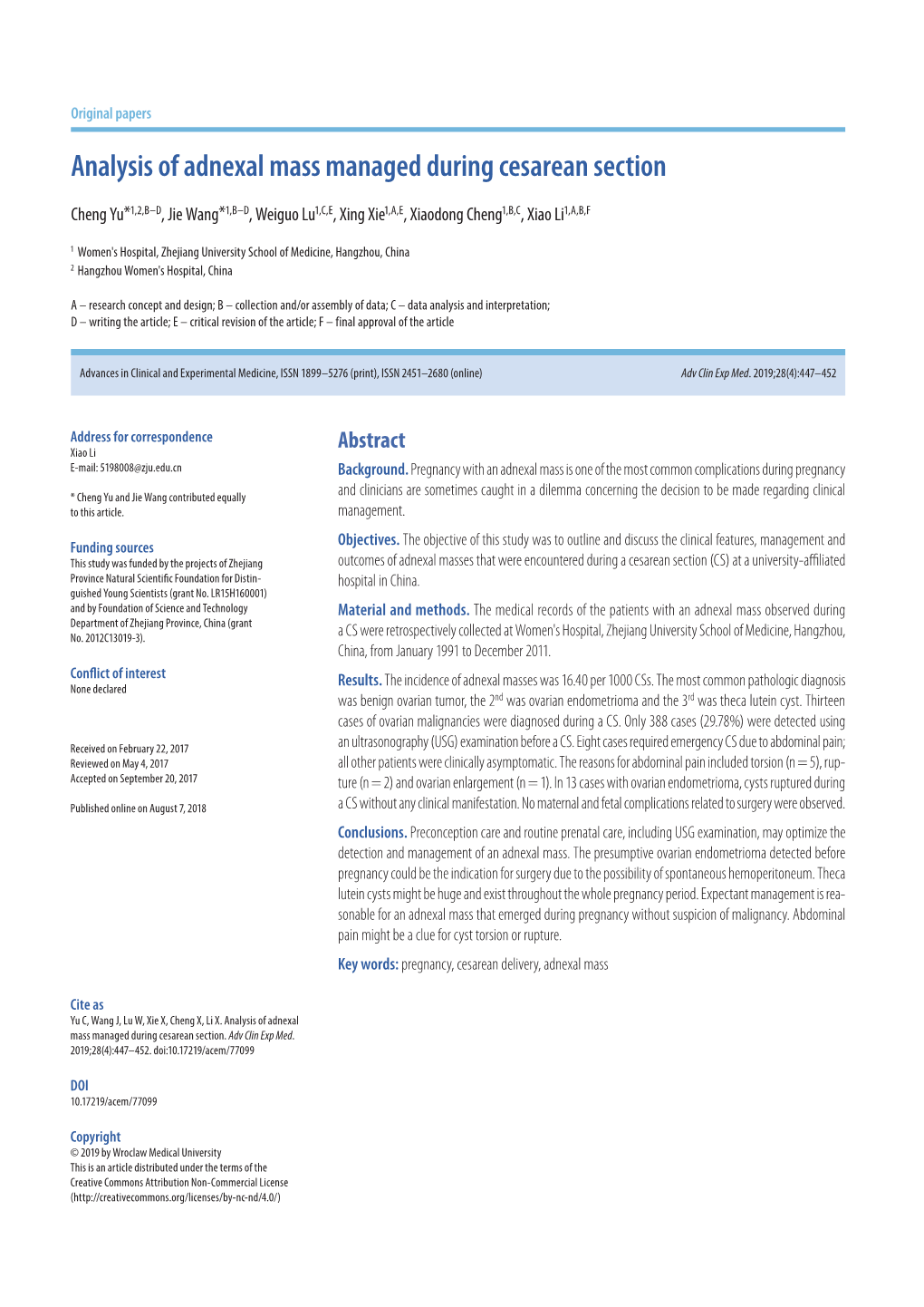 Analysis of Adnexal Mass Managed During Cesarean Section