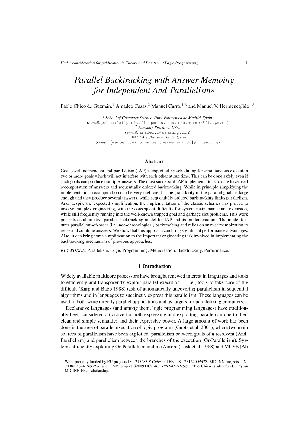 Parallel Backtracking with Answer Memoing for Independent And-Parallelism∗