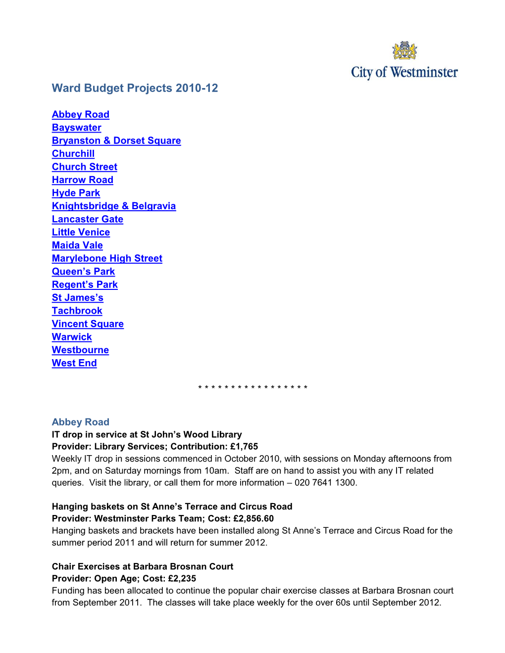 Ward Budget Projects 2010-12