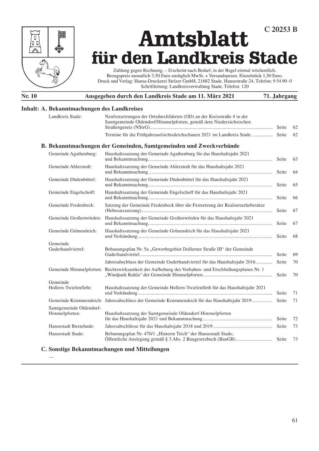 61 Nr. 10 Ausgegeben Durch Den Landkreis Stade Am 11. März 2021
