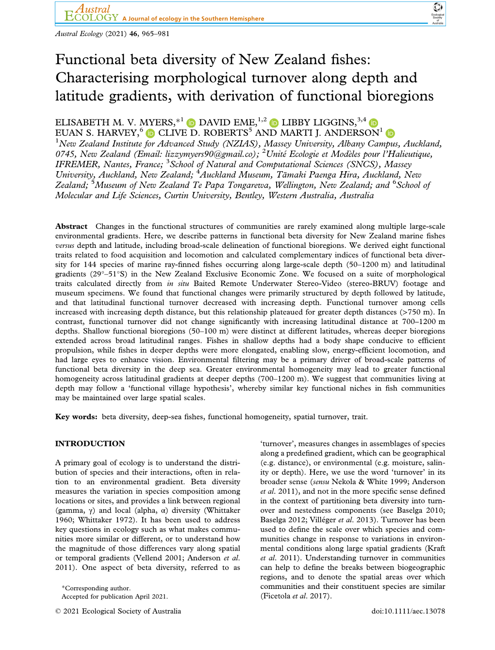 Functional Beta Diversity of New Zealand Fishes