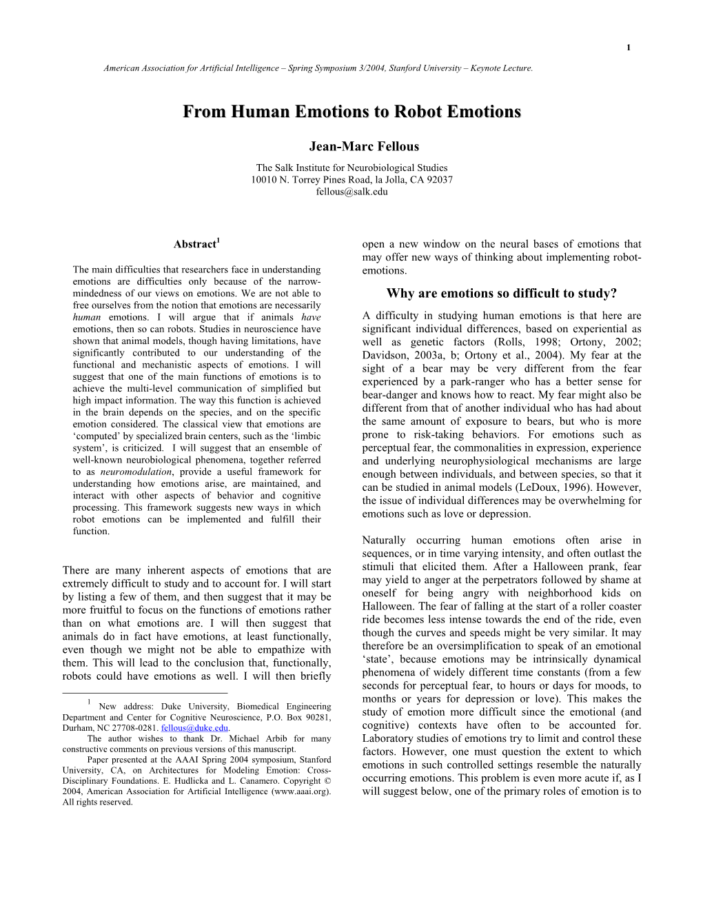 From Human Emotions to Robot Emotions