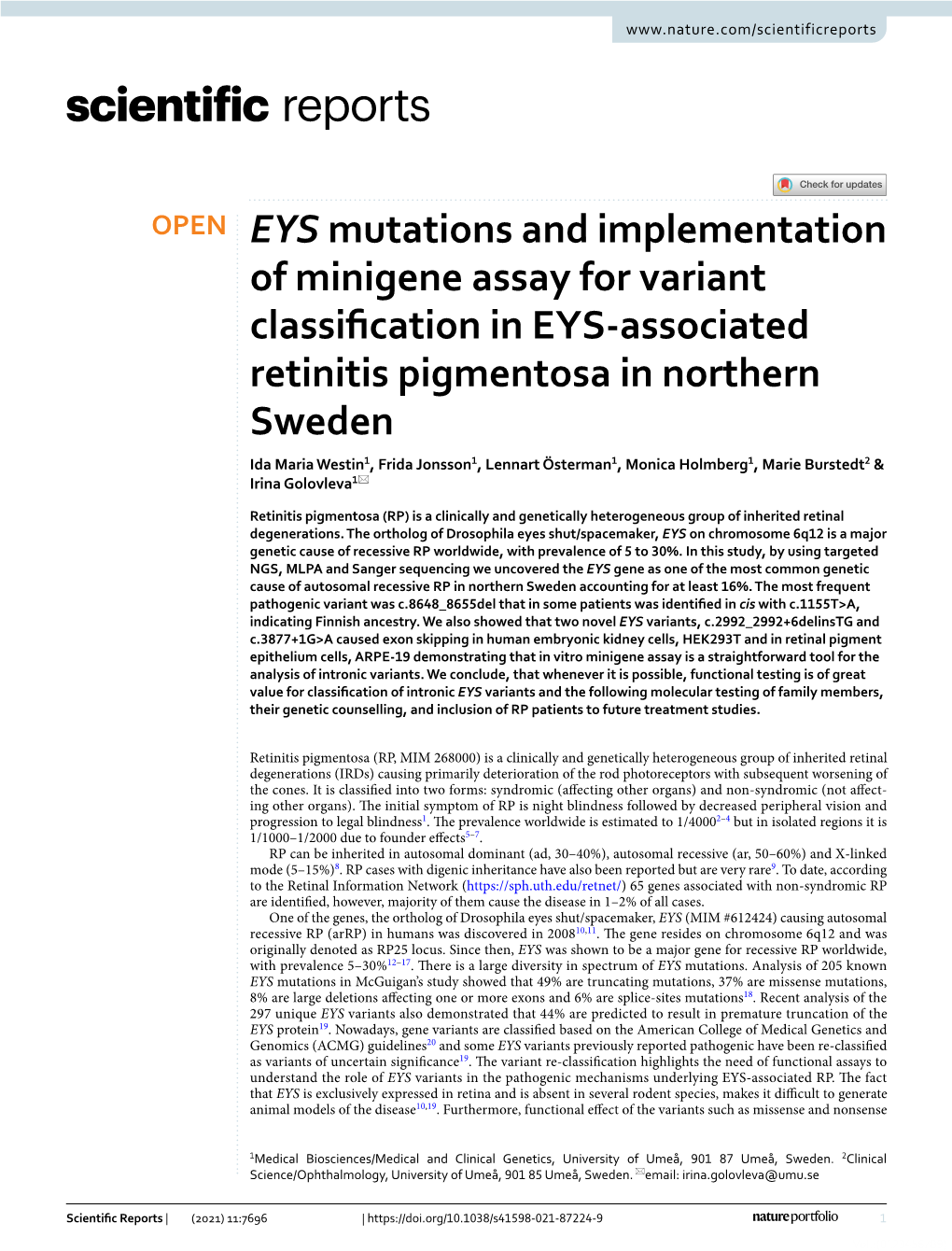 EYS Mutations and Implementation of Minigene Assay for Variant