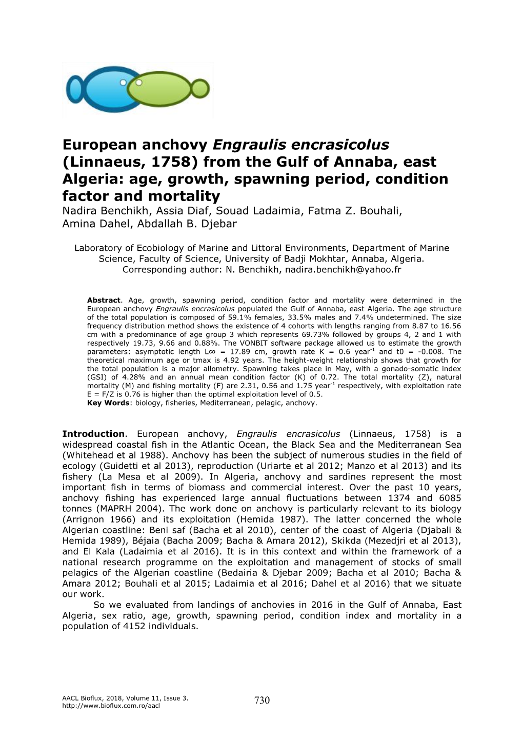 European Anchovy Engraulis Encrasicolus (Linnaeus, 1758) From