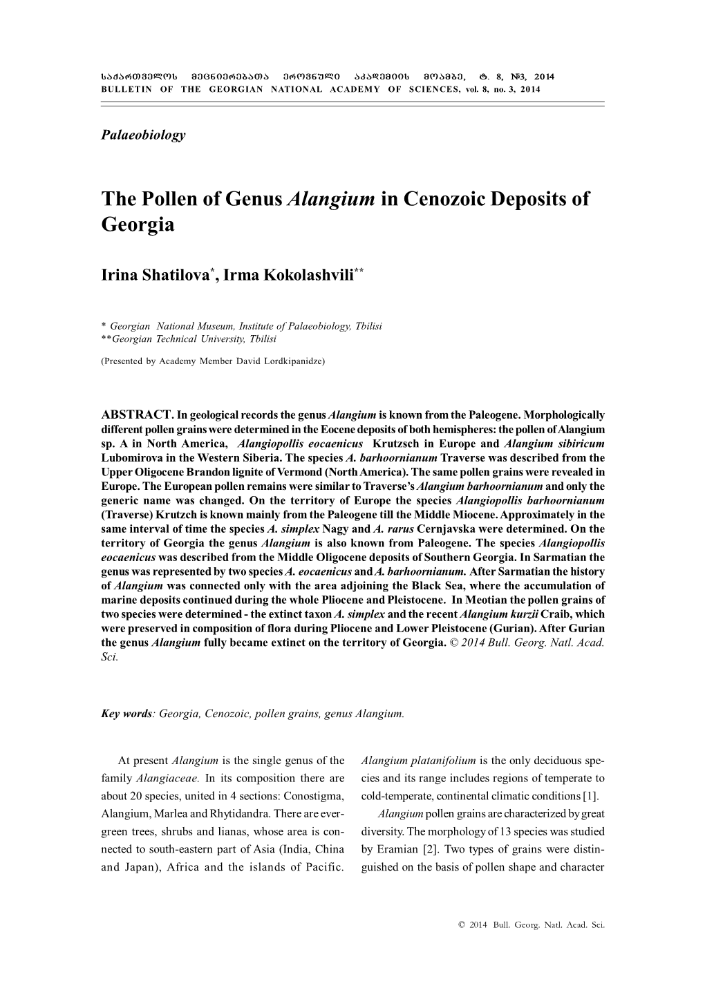 The Pollen of Genus Alangium in Cenozoic Deposits of Georgia