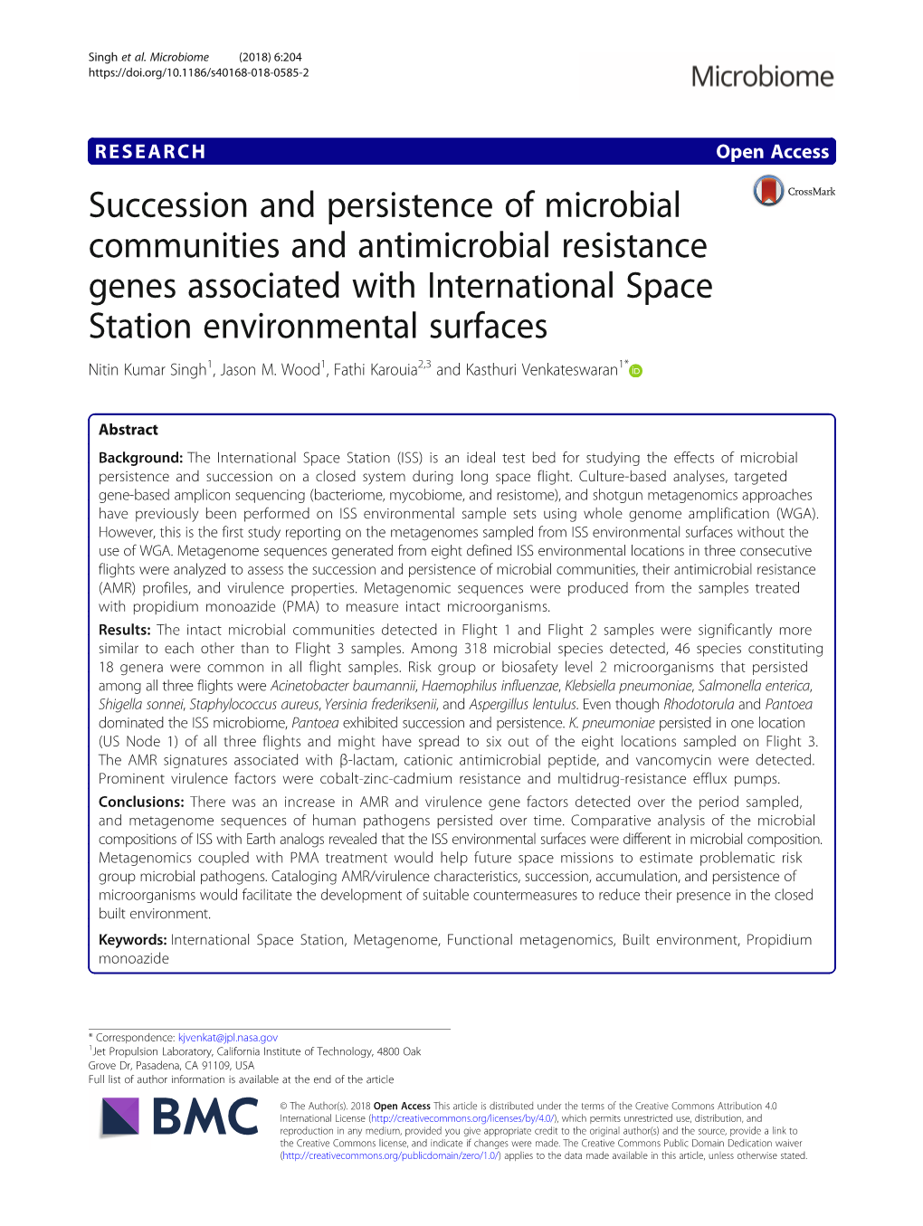 Succession and Persistence of Microbial Communities and Antimicrobial Resistance Genes Associated with International Space Stati