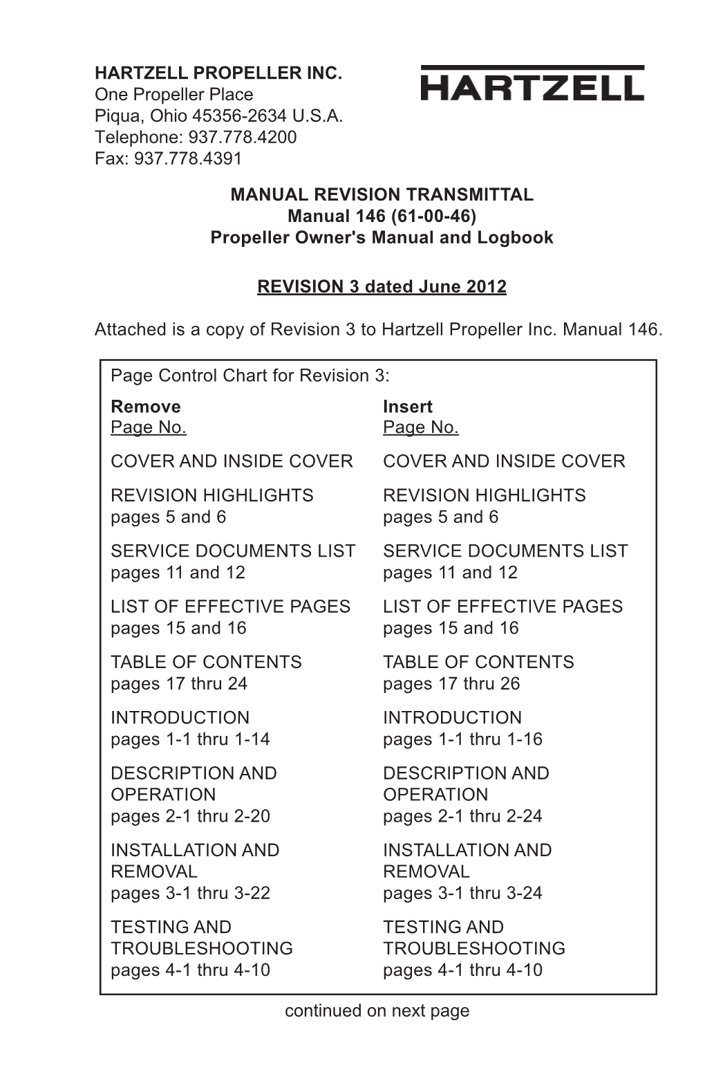 MANUAL REVISION TRANSMITTAL Manual 146 (61-00-46) Propeller Owner's Manual and Logbook