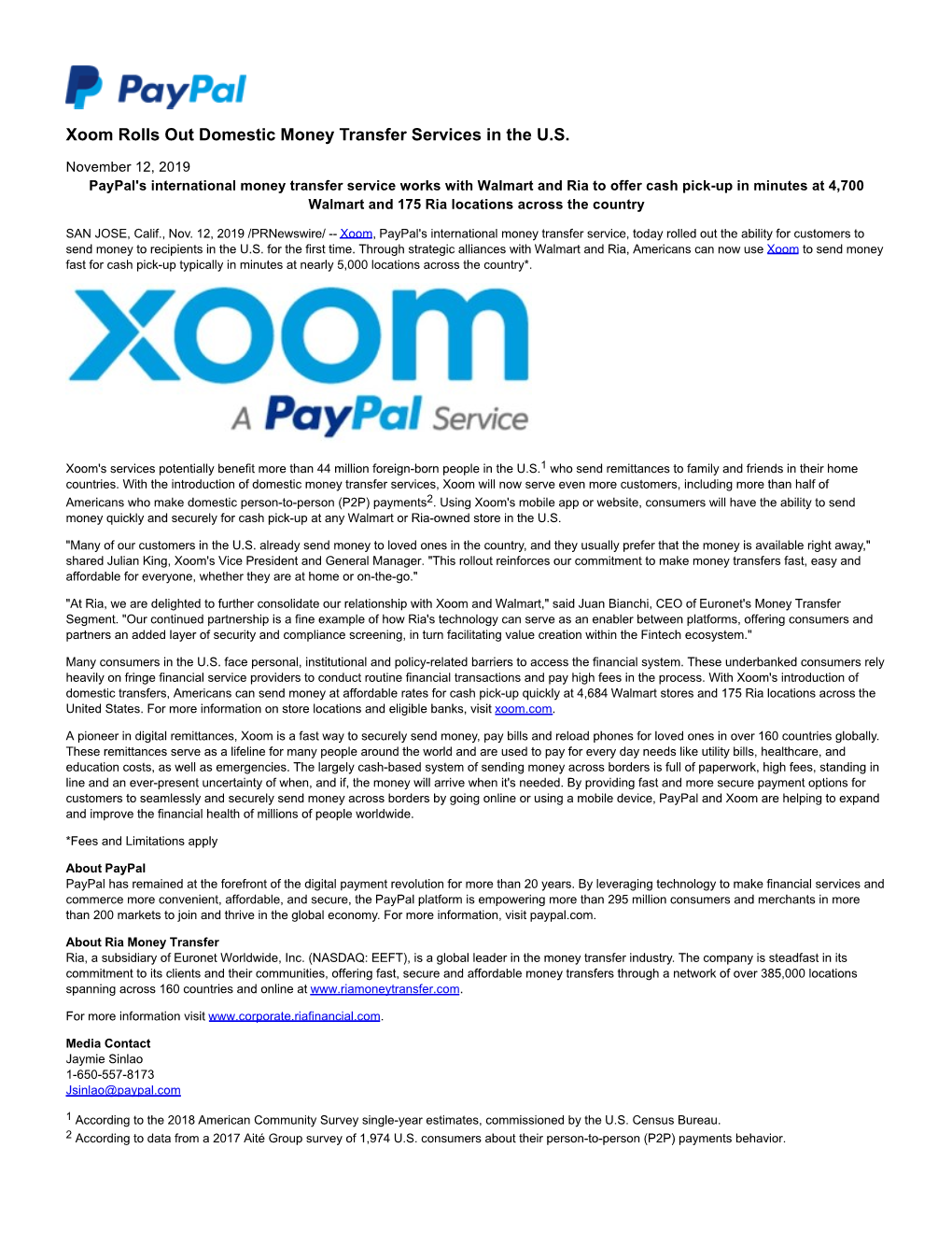 Xoom Rolls out Domestic Money Transfer Services in the U.S