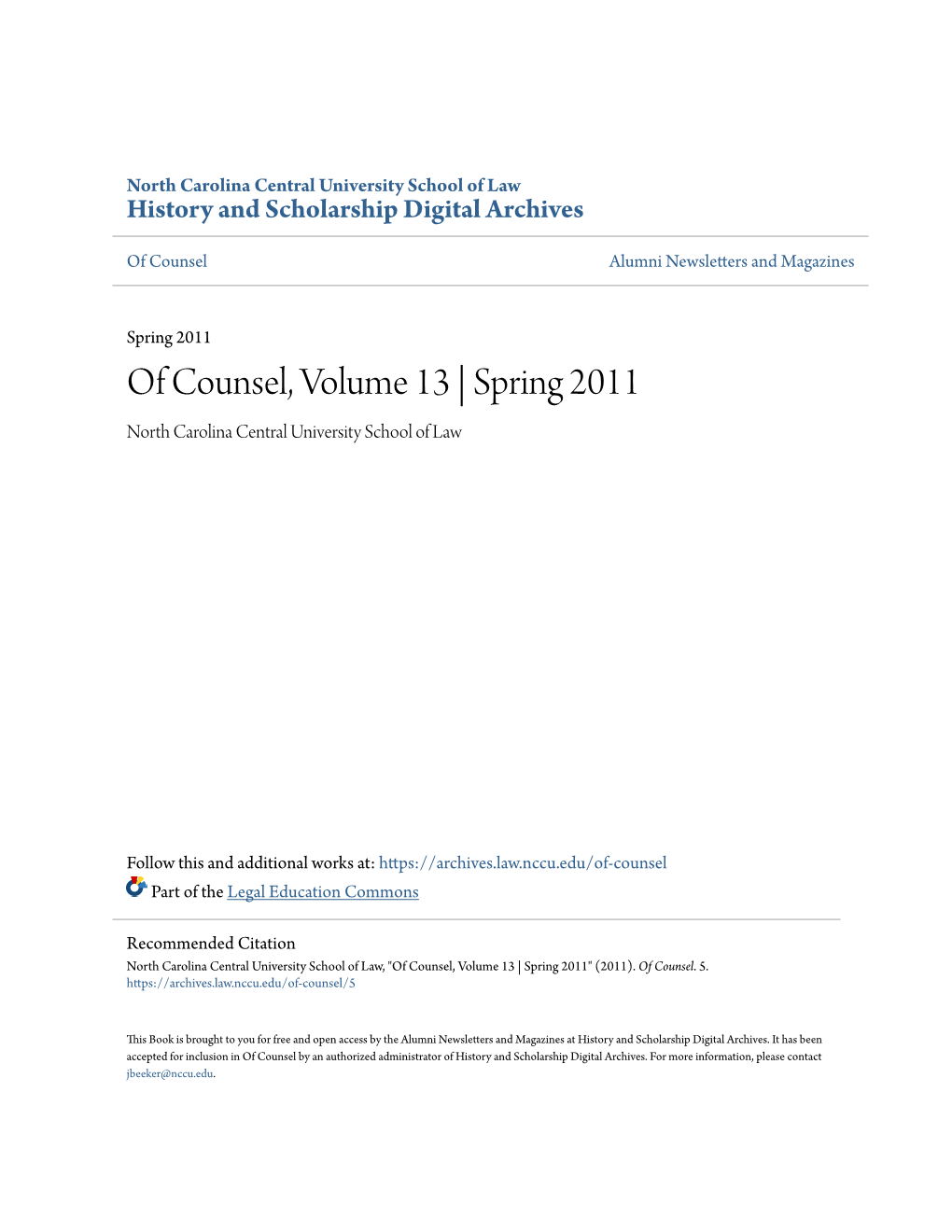 Of Counsel, Volume 13 | Spring 2011 North Carolina Central University School of Law