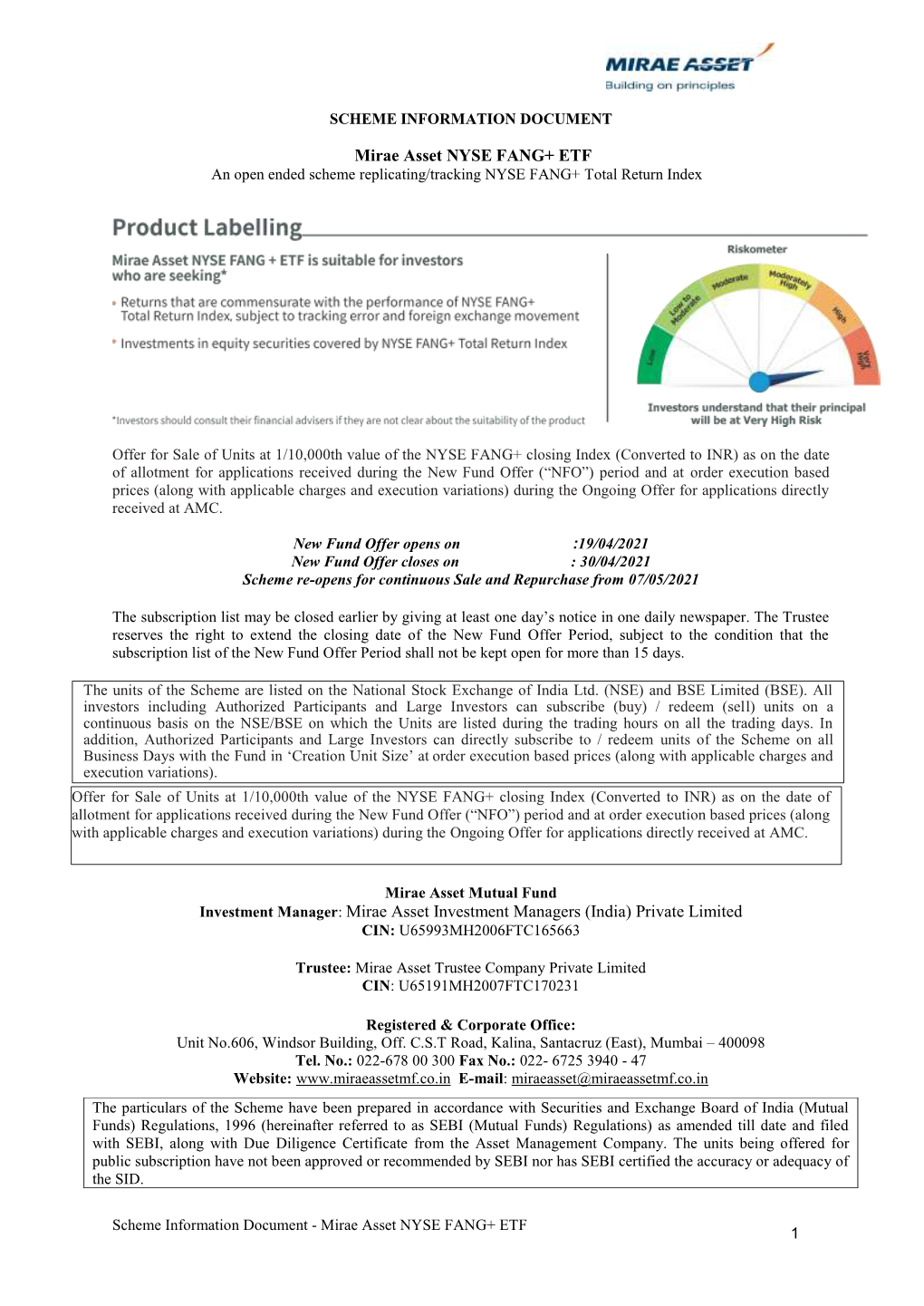 Mirae Asset NYSE FANG+ ETF an Open Ended Scheme Replicating/Tracking NYSE FANG+ Total Return Index