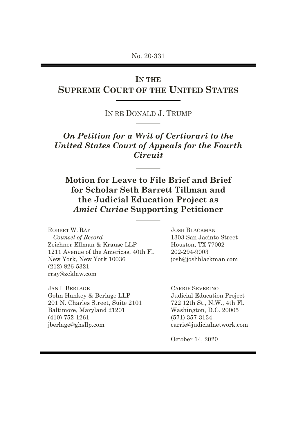 On Petition for a Writ of Certiorari to the United States Court of Appeals for the Fourth Circuit