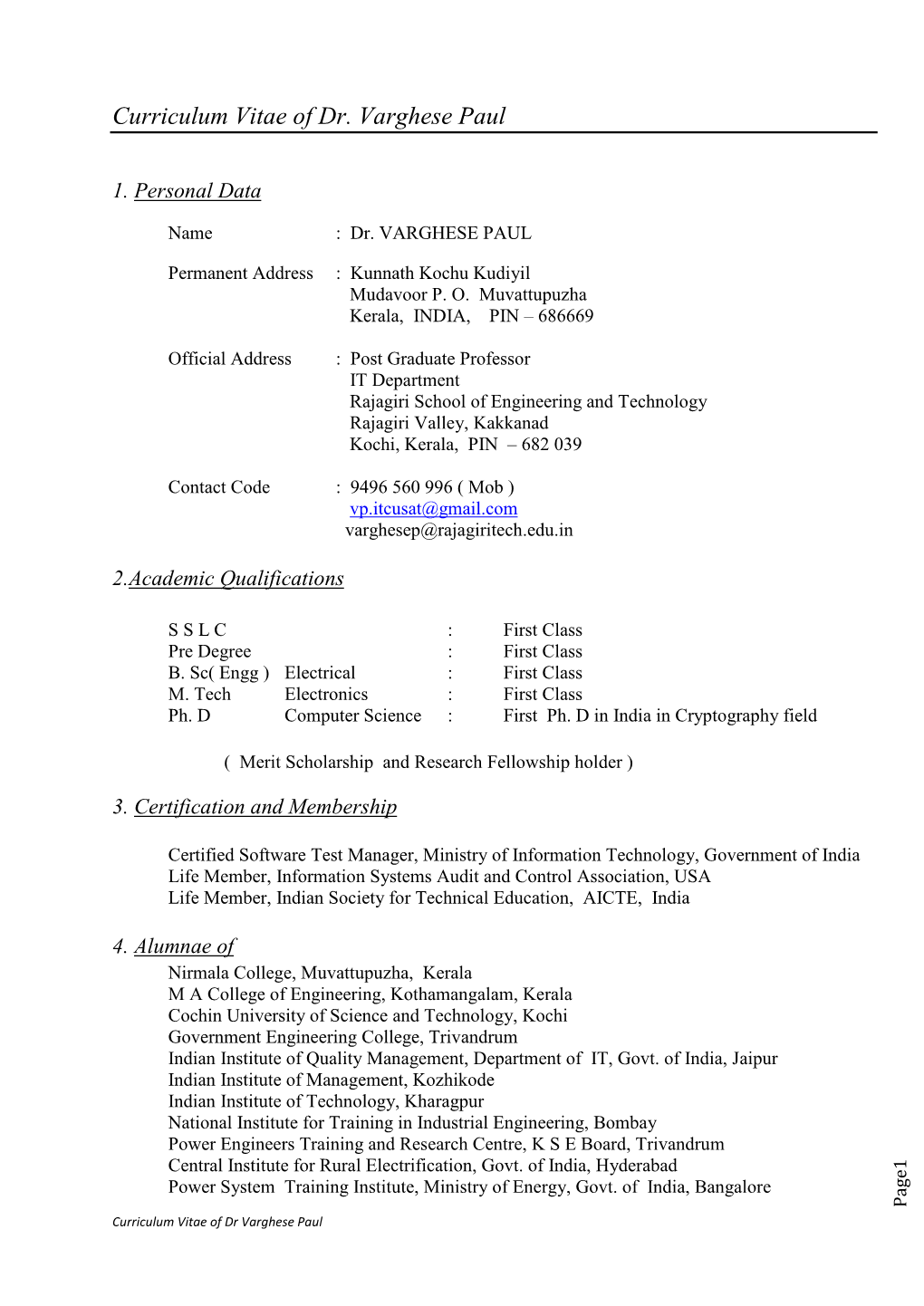 Curriculum Vitae of Dr. Varghese Paul