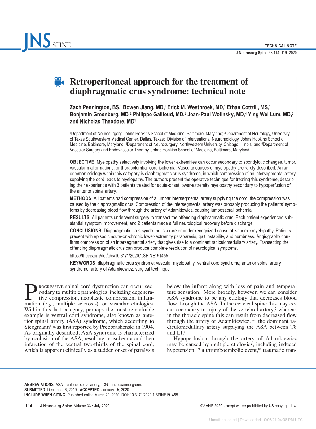 Retroperitoneal Approach for the Treatment of Diaphragmatic Crus Syndrome: Technical Note