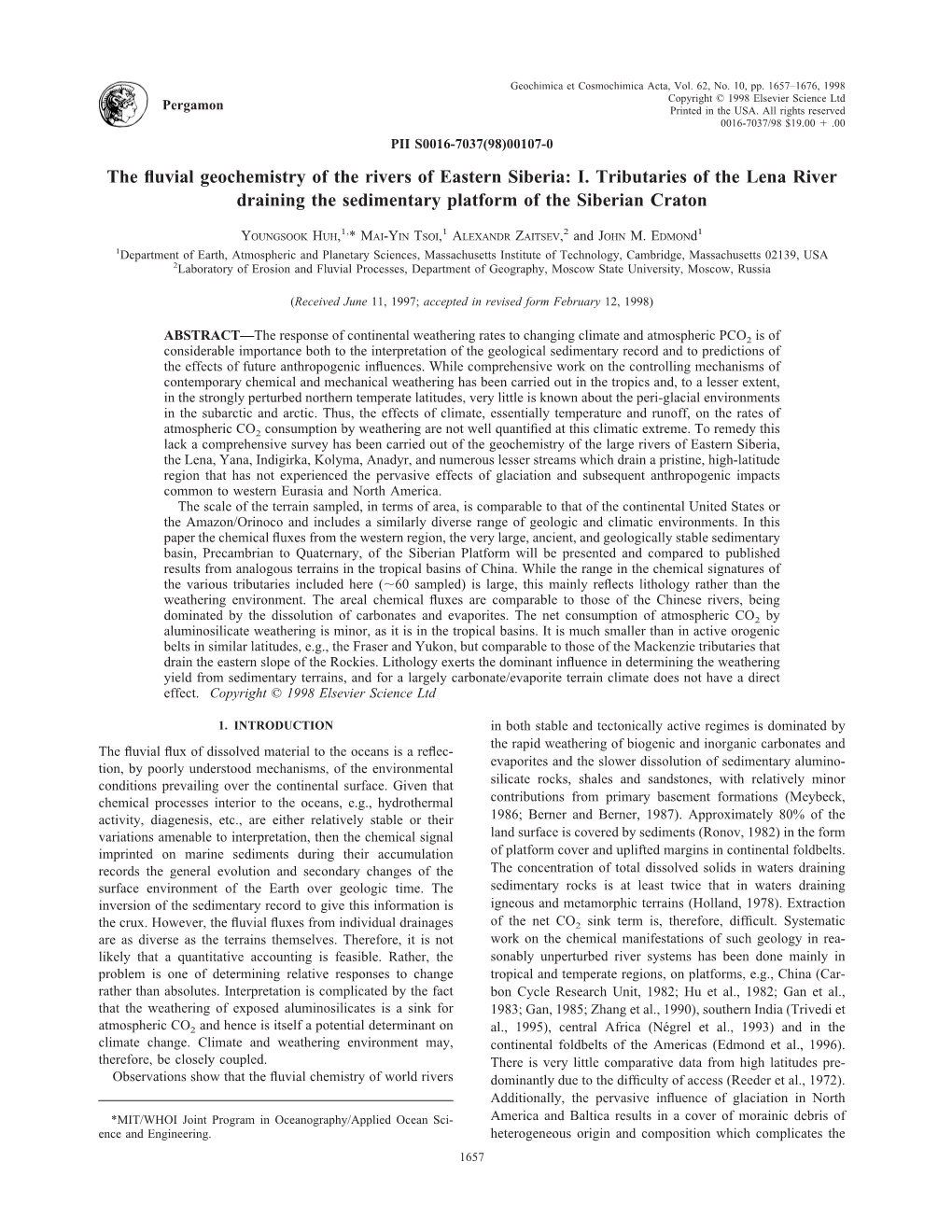 The Fluvial Geochemistry of the Rivers of Eastern Siberia: I. Tributaries Of