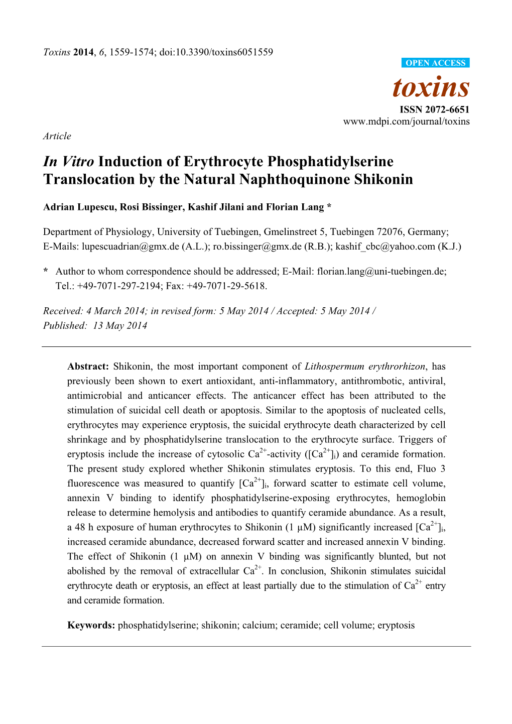 In Vitro Induction of Erythrocyte Phosphatidylserine Translocation by the Natural Naphthoquinone Shikonin