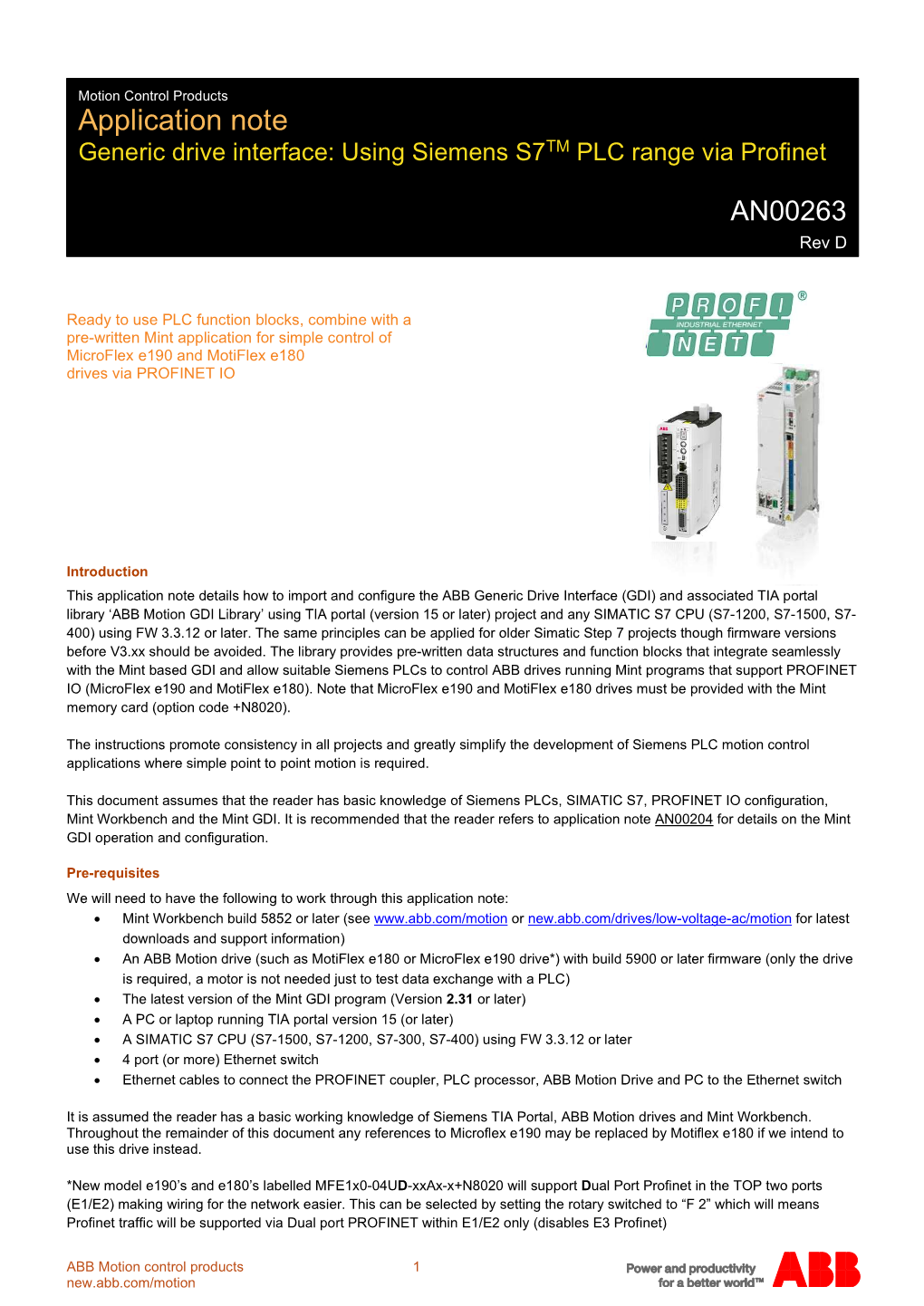 Application Note TM Generic Drive Interface: Using Siemens S7 PLC Range Via Profinet