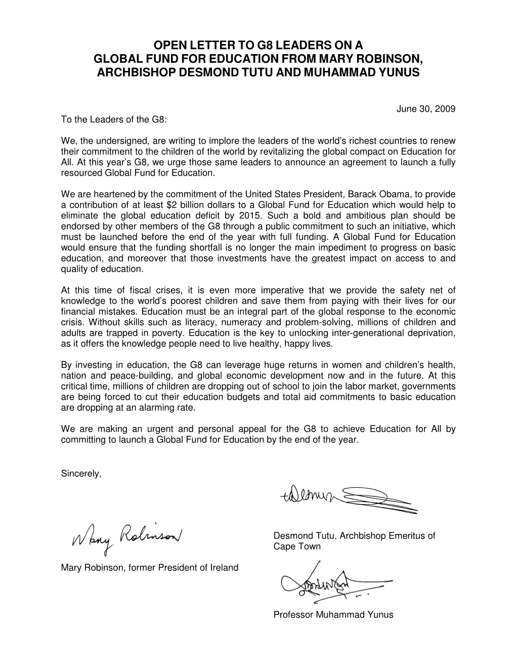 Open Letter to G8 Leaders on a Global Fund for Education from Mary Robinson, Archbishop Desmond Tutu and Muhammad Yunus