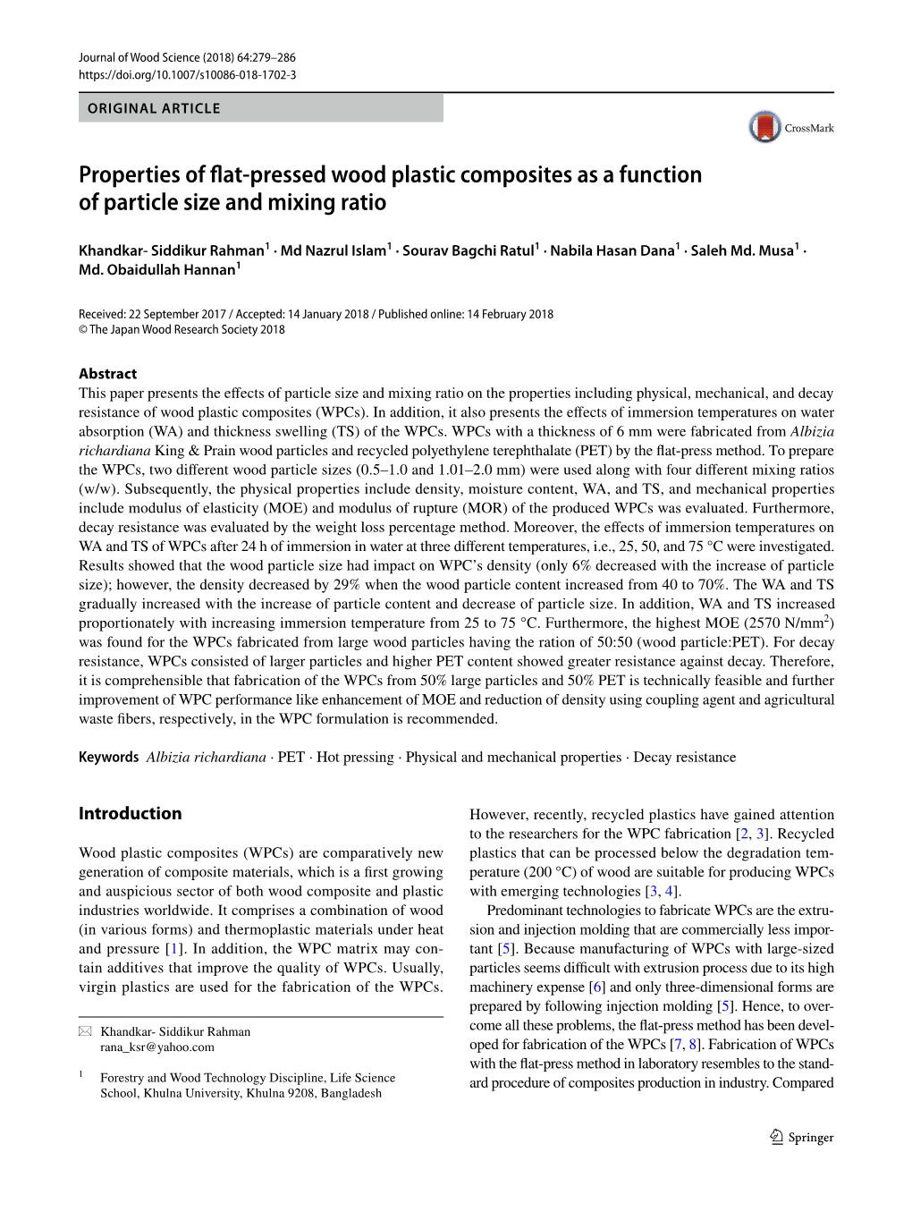 Properties of Flat-Pressed Wood Plastic Composites As a Function of Particle Size and Mixing Ratio